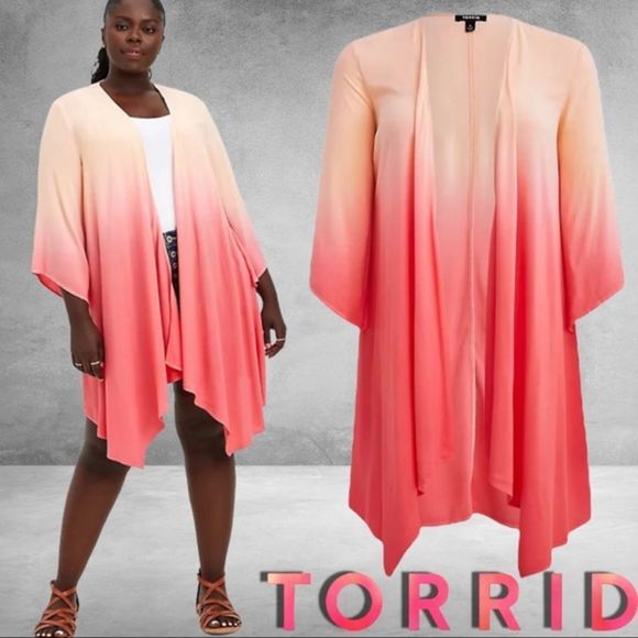 Torrid Chiffon Dip Dye Coral Drape Front Kimono NWT - Picture 2 of 15
